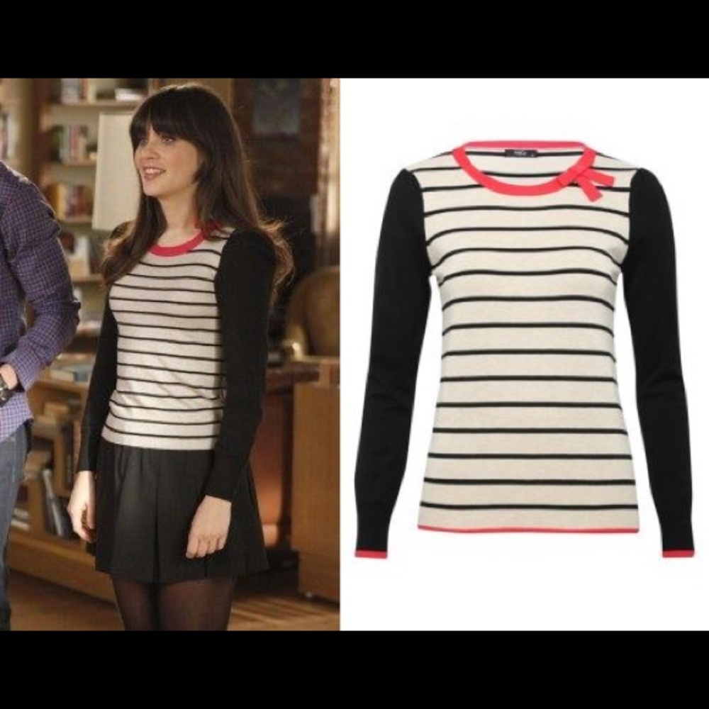 H&M taupe/black sweater pink bow Seen on New Girl
